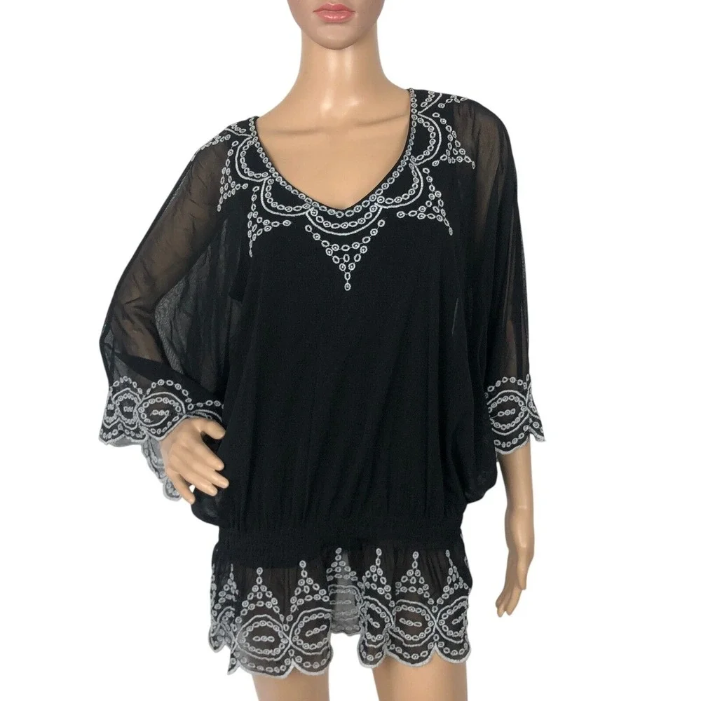 Alfani Embroidered Lace Tunic Top Size L Dolman Sleeve Ruffle Boho Western Shirt - Picture 3 of 10
